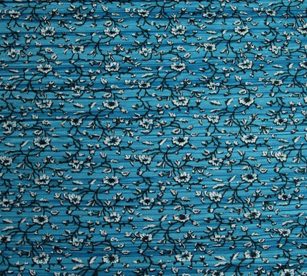Turquoise Blue Floral Ditsy Print Pleated Plisse Satin Stretch Dress Fabric 6477