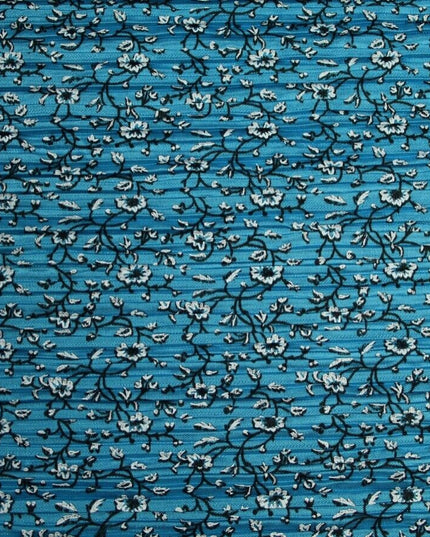 Turquoise Blue Floral Ditsy Print Pleated Plisse Satin Stretch Dress Fabric 6477