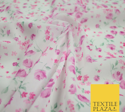 White & Pink Ditsy Small Floral Roses Printed Georgette Dress Fabric Craft 6476