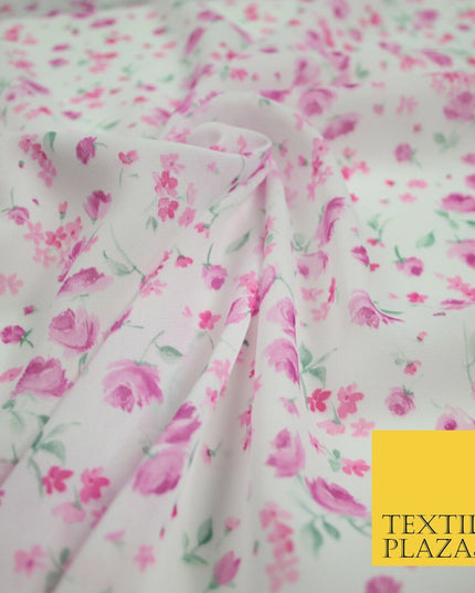 White & Pink Ditsy Small Floral Roses Printed Georgette Dress Fabric Craft 6476