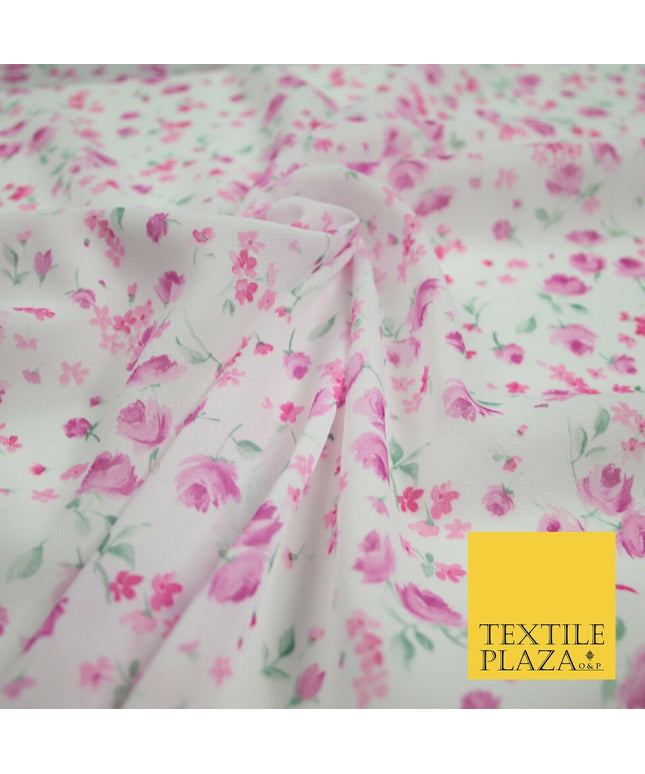 White & Pink Ditsy Small Floral Roses Printed Georgette Dress Fabric Craft 6476