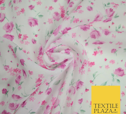 White & Pink Ditsy Small Floral Roses Printed Georgette Dress Fabric Craft 6476