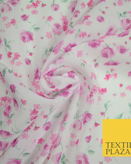 White & Pink Ditsy Small Floral Roses Printed Georgette Dress Fabric Craft 6476