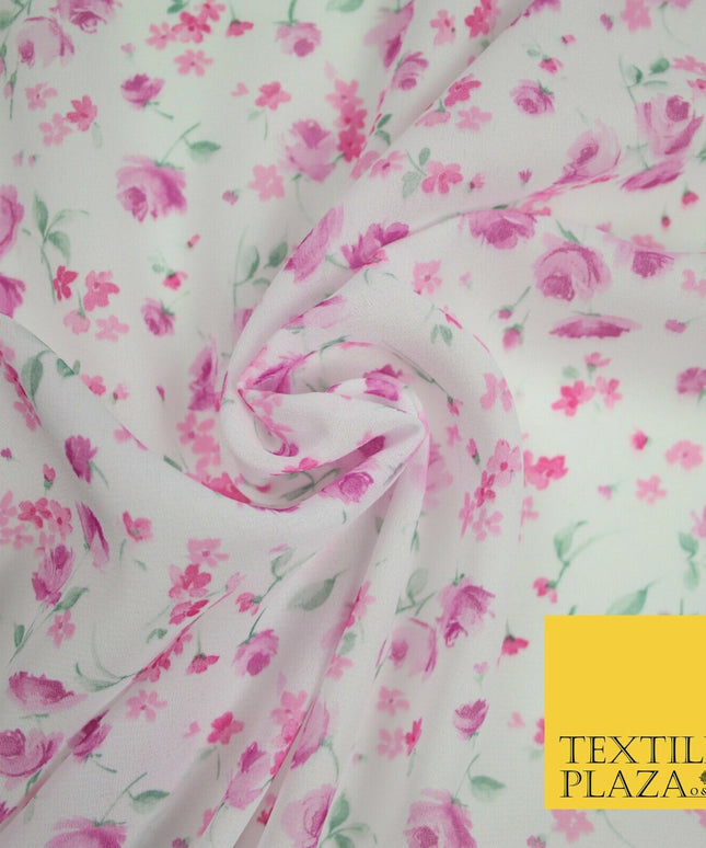 White & Pink Ditsy Small Floral Roses Printed Georgette Dress Fabric Craft 6476