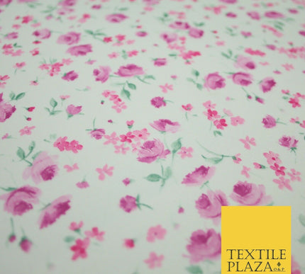 White & Pink Ditsy Small Floral Roses Printed Georgette Dress Fabric Craft 6476