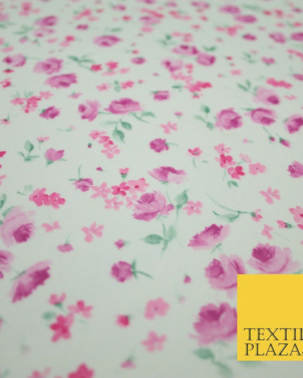 White & Pink Ditsy Small Floral Roses Printed Georgette Dress Fabric Craft 6476