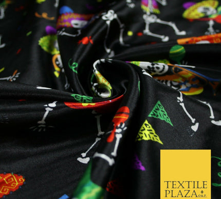 Black Dancing Skeleton Mexican Halloween Printed Satin Dress Fabric 58" 6499