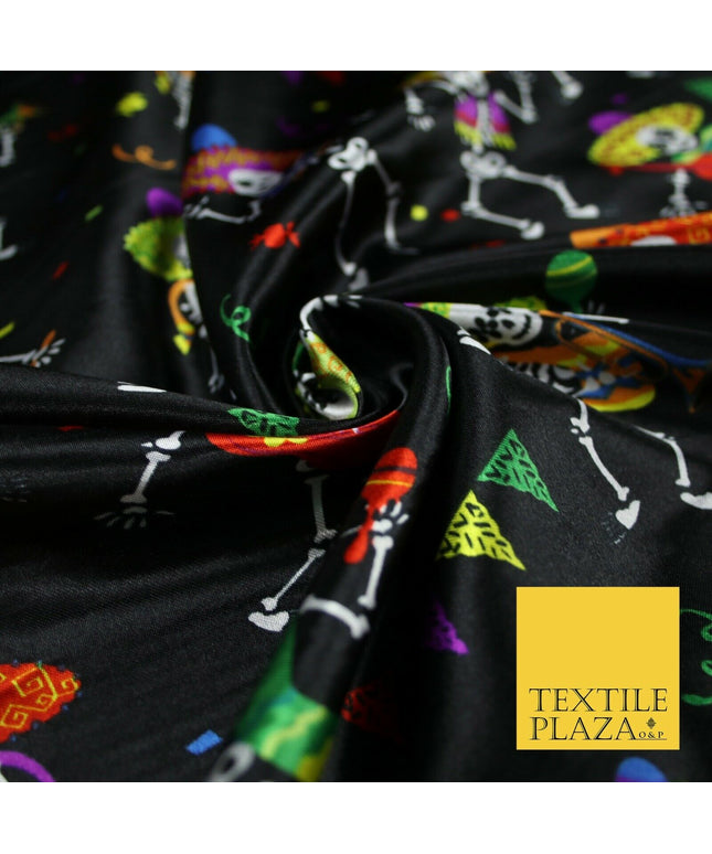 Black Dancing Skeleton Mexican Halloween Printed Satin Dress Fabric 58" 6499