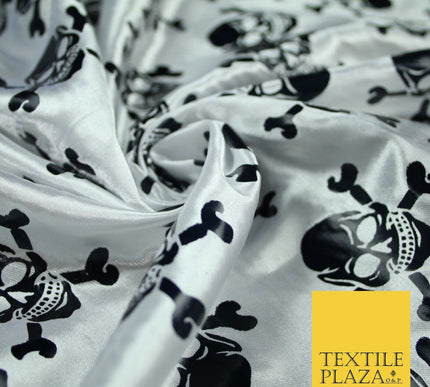 White Black Foil Skull Crossbones Pirate Halloween Printed Satin Fabric 58" 6500
