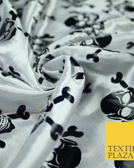 White Black Foil Skull Crossbones Pirate Halloween Printed Satin Fabric 58" 6500