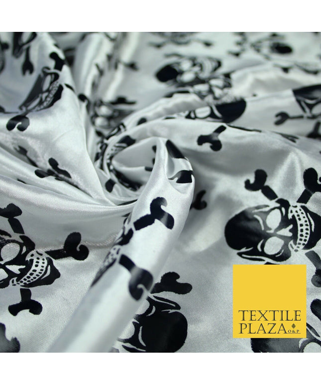 White Black Foil Skull Crossbones Pirate Halloween Printed Satin Fabric 58" 6500