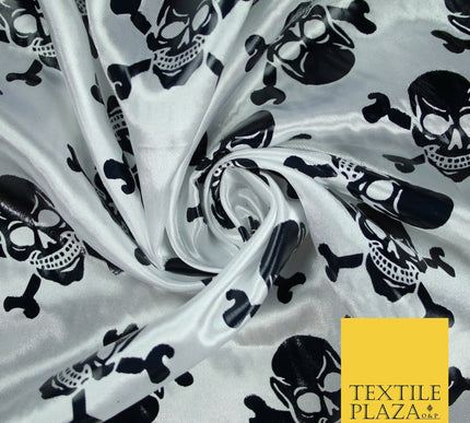 White Black Foil Skull Crossbones Pirate Halloween Printed Satin Fabric 58" 6500