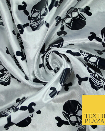 White Black Foil Skull Crossbones Pirate Halloween Printed Satin Fabric 58" 6500