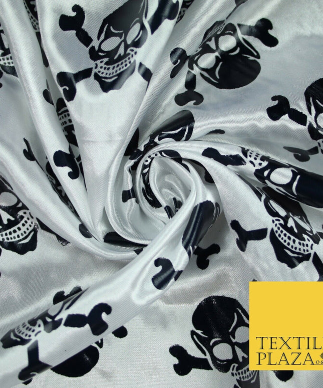 White Black Foil Skull Crossbones Pirate Halloween Printed Satin Fabric 58" 6500