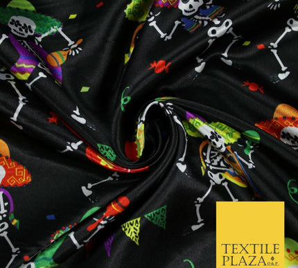 Black Dancing Skeleton Mexican Halloween Printed Satin Dress Fabric 58" 6499