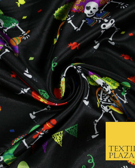 Black Dancing Skeleton Mexican Halloween Printed Satin Dress Fabric 58" 6499