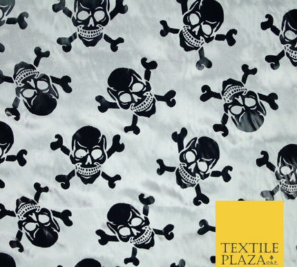 White Black Foil Skull Crossbones Pirate Halloween Printed Satin Fabric 58" 6500
