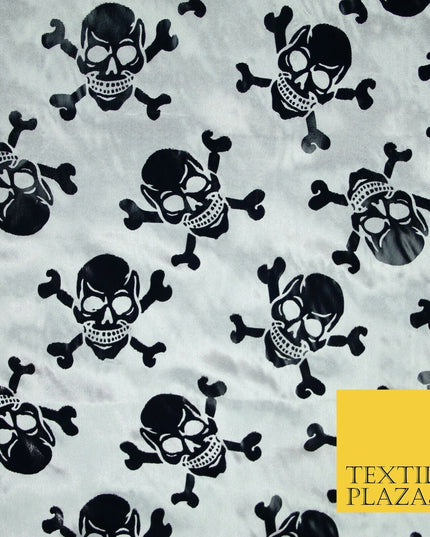 White Black Foil Skull Crossbones Pirate Halloween Printed Satin Fabric 58" 6500