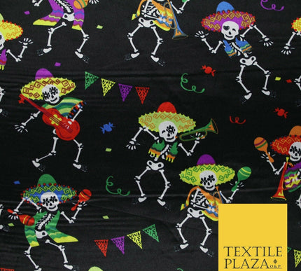 Black Dancing Skeleton Mexican Halloween Printed Satin Dress Fabric 58" 6499
