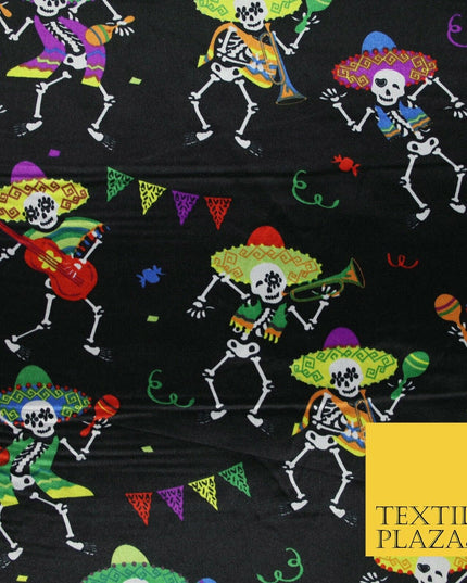 Black Dancing Skeleton Mexican Halloween Printed Satin Dress Fabric 58" 6499
