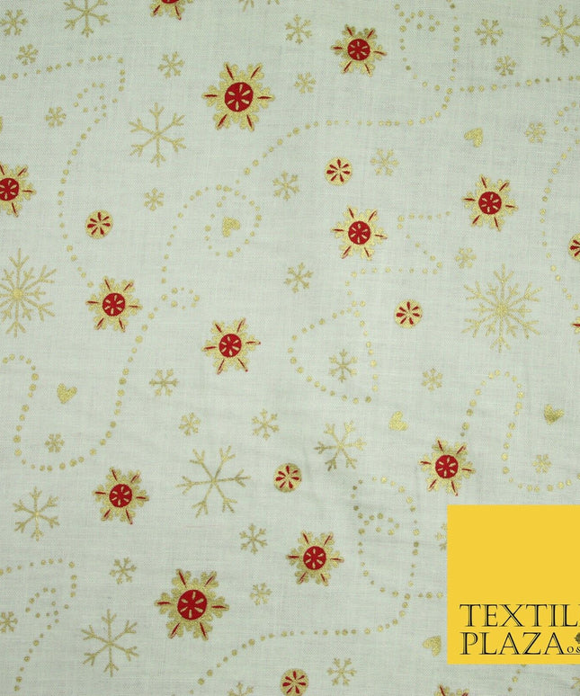 Festive Ivory Gold Snowflake Hearts Christmas Winter 100% Cotton Fabric 58" 6501