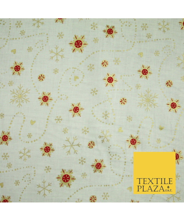 Festive Ivory Gold Snowflake Hearts Christmas Winter 100% Cotton Fabric 58" 6501