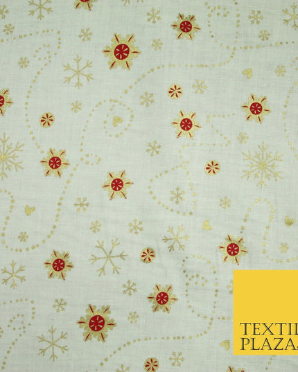 Festive Ivory Gold Snowflake Hearts Christmas Winter 100% Cotton Fabric 58" 6501