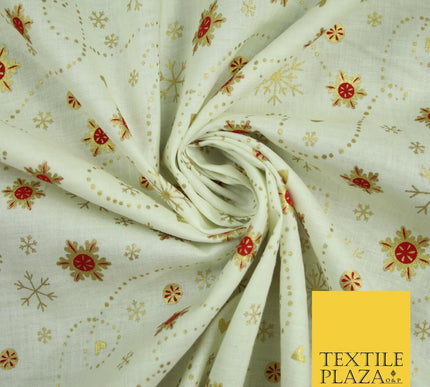 Festive Ivory Gold Snowflake Hearts Christmas Winter 100% Cotton Fabric 58" 6501