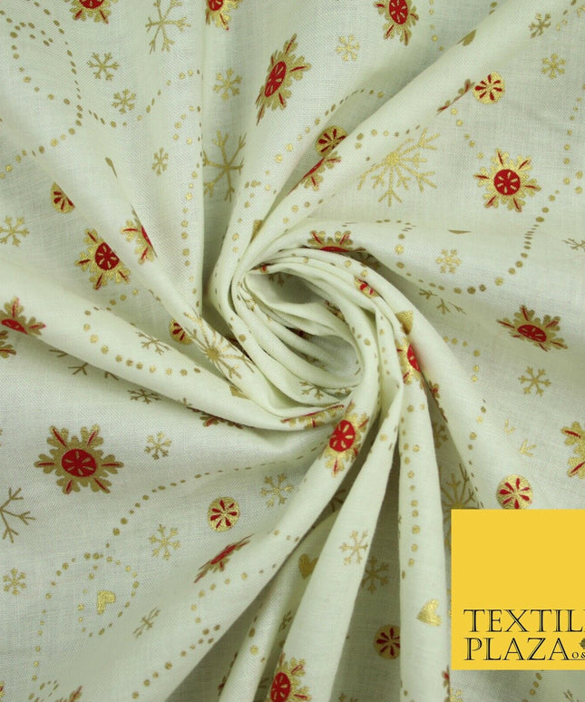 Festive Ivory Gold Snowflake Hearts Christmas Winter 100% Cotton Fabric 58" 6501