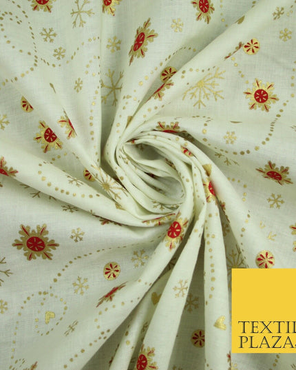Festive Ivory Gold Snowflake Hearts Christmas Winter 100% Cotton Fabric 58" 6501