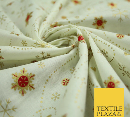 Festive Ivory Gold Snowflake Hearts Christmas Winter 100% Cotton Fabric 58" 6501