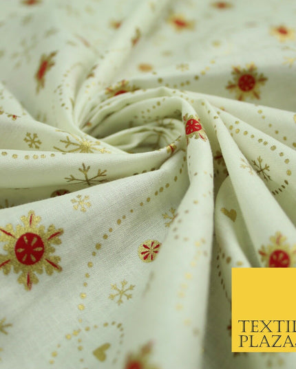 Festive Ivory Gold Snowflake Hearts Christmas Winter 100% Cotton Fabric 58" 6501