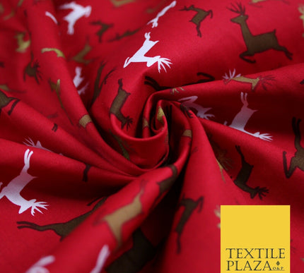 Festive Christmas Dancing Reindeers Printed 100% Cotton Poplin Fabric Craft 6502