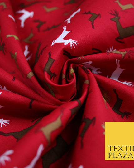 Festive Christmas Dancing Reindeers Printed 100% Cotton Poplin Fabric Craft 6502