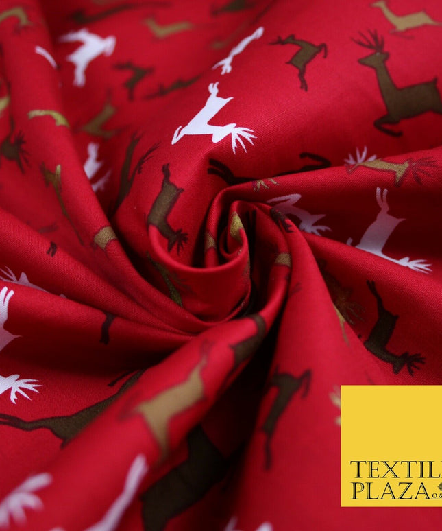Festive Christmas Dancing Reindeers Printed 100% Cotton Poplin Fabric Craft 6502
