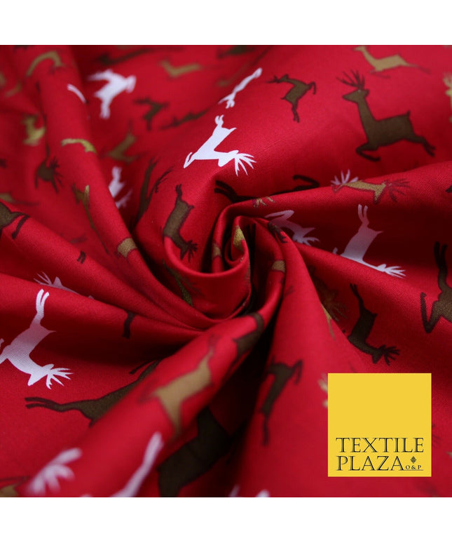 Festive Christmas Dancing Reindeers Printed 100% Cotton Poplin Fabric Craft 6502