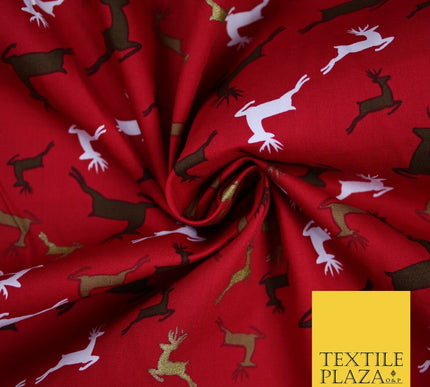 Festive Christmas Dancing Reindeers Printed 100% Cotton Poplin Fabric Craft 6502