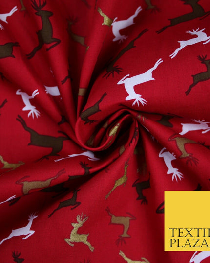 Festive Christmas Dancing Reindeers Printed 100% Cotton Poplin Fabric Craft 6502