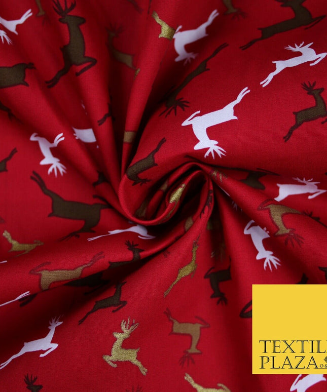 Festive Christmas Dancing Reindeers Printed 100% Cotton Poplin Fabric Craft 6502