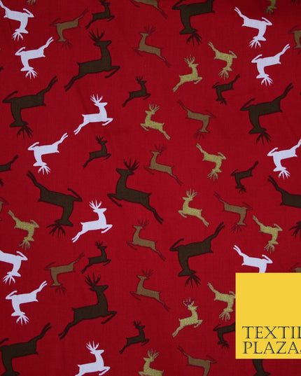 Festive Christmas Dancing Reindeers Printed 100% Cotton Poplin Fabric Craft 6502