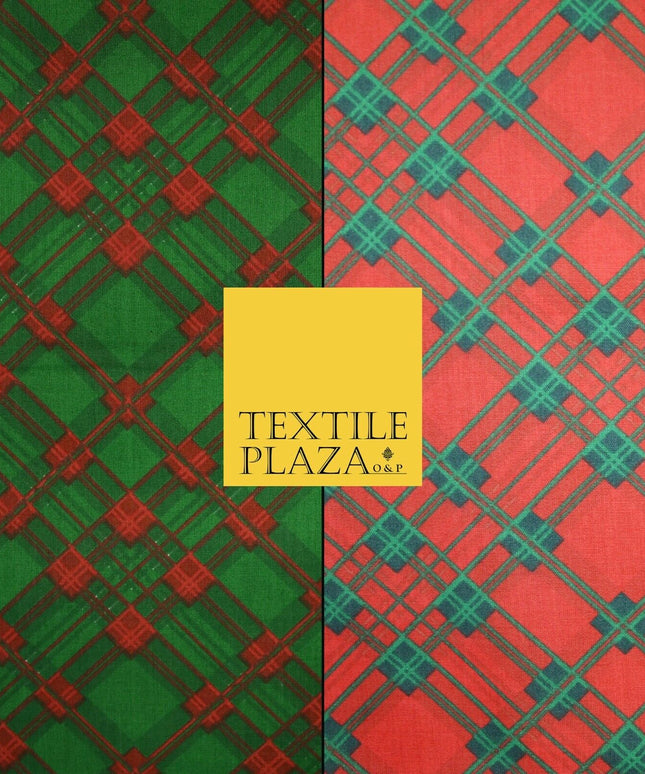 Festive Christmas Tartan Check Printed Poly Cotton Fabric Polycotton Mask 45"