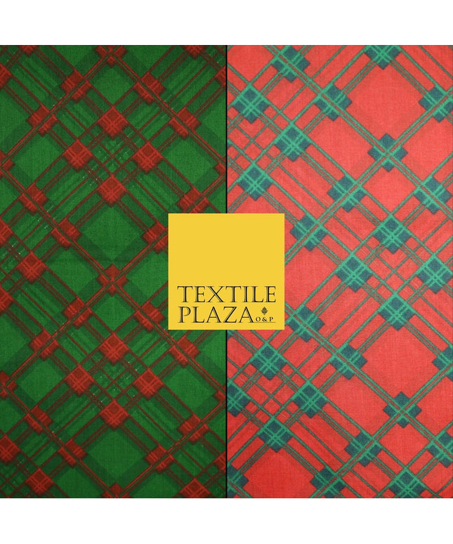 Festive Christmas Tartan Check Printed Poly Cotton Fabric Polycotton Mask 45"