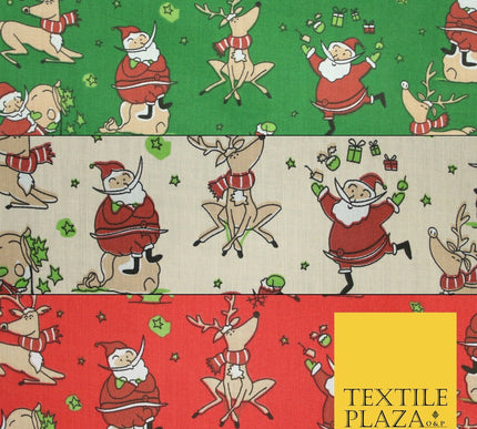 Christmas Tree Santa Gifts Reindeer Printed Poly Cotton Fabric Polycotton 45"