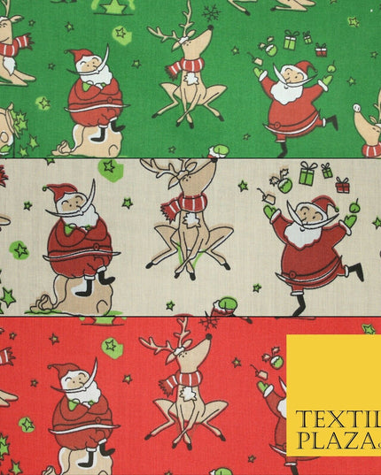 Christmas Tree Santa Gifts Reindeer Printed Poly Cotton Fabric Polycotton 45"