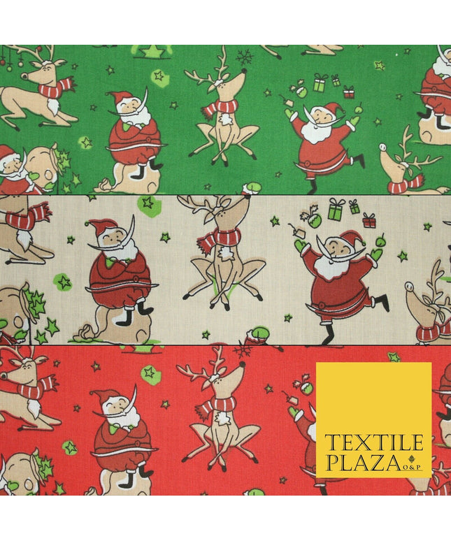 Christmas Tree Santa Gifts Reindeer Printed Poly Cotton Fabric Polycotton 45"