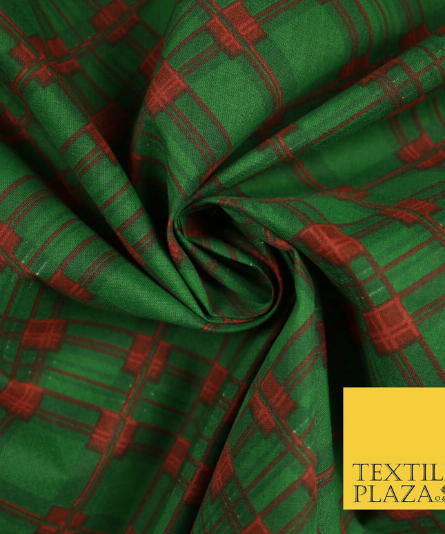 Festive Christmas Tartan Check Printed Poly Cotton Fabric Polycotton Mask 45"