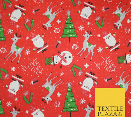 Festive Snowman Reindeer Christmas Printed Poly Cotton Fabric Polycotton 45"