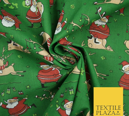 Christmas Tree Santa Gifts Reindeer Printed Poly Cotton Fabric Polycotton 45"