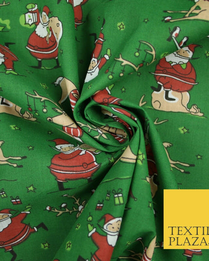 Christmas Tree Santa Gifts Reindeer Printed Poly Cotton Fabric Polycotton 45"
