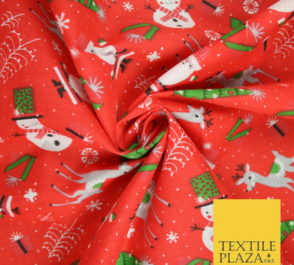 Festive Snowman Reindeer Christmas Printed Poly Cotton Fabric Polycotton 45"